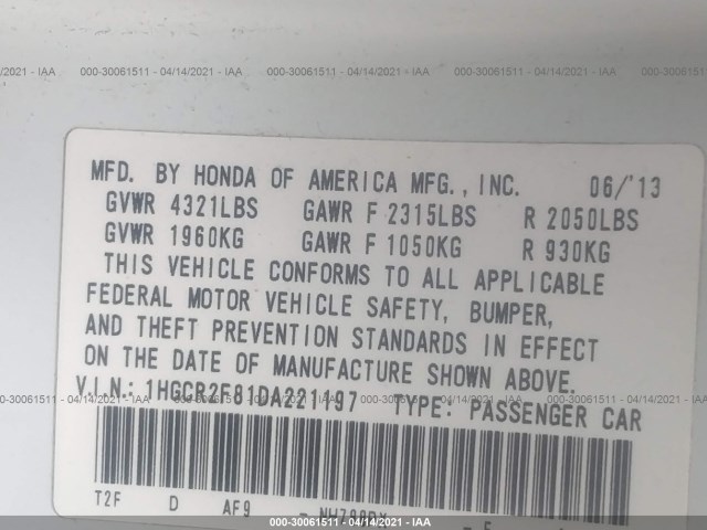 Photo 8 VIN: 1HGCR2F81DA221197 - HONDA ACCORD SDN 