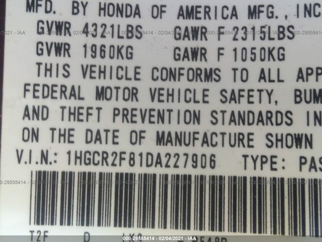 Photo 8 VIN: 1HGCR2F81DA227906 - HONDA ACCORD SDN 