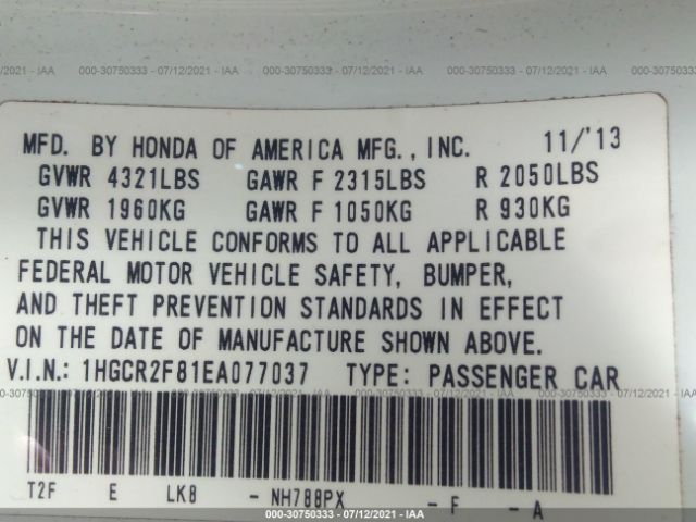 Photo 8 VIN: 1HGCR2F81EA077037 - HONDA ACCORD SEDAN 