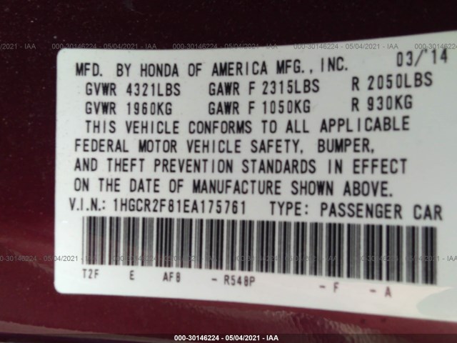 Photo 8 VIN: 1HGCR2F81EA175761 - HONDA ACCORD SEDAN 