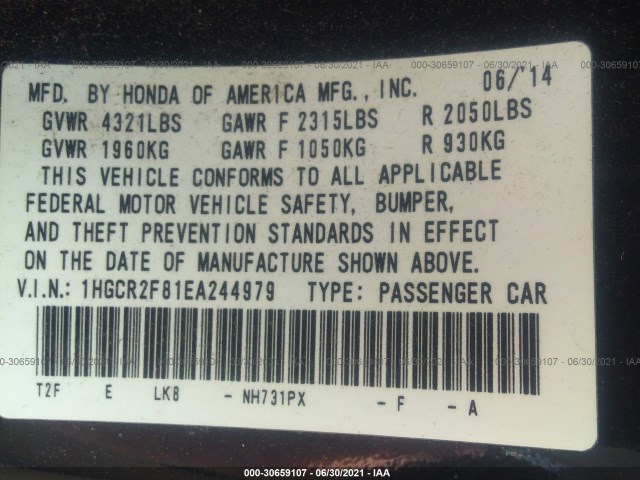 Photo 8 VIN: 1HGCR2F81EA244979 - HONDA ACCORD SEDAN 