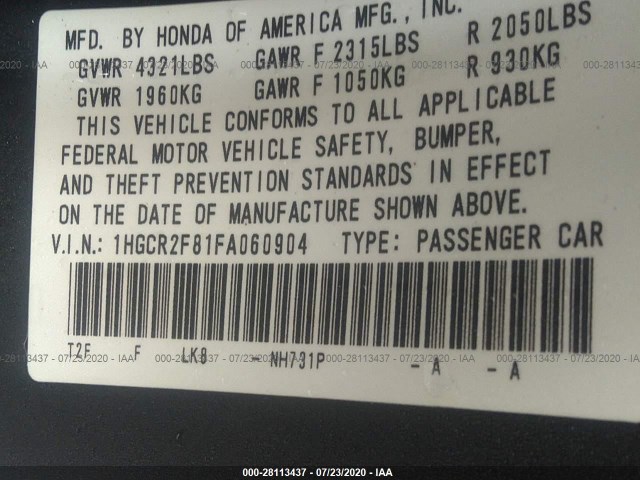 Photo 8 VIN: 1HGCR2F81FA060904 - HONDA ACCORD SEDAN 