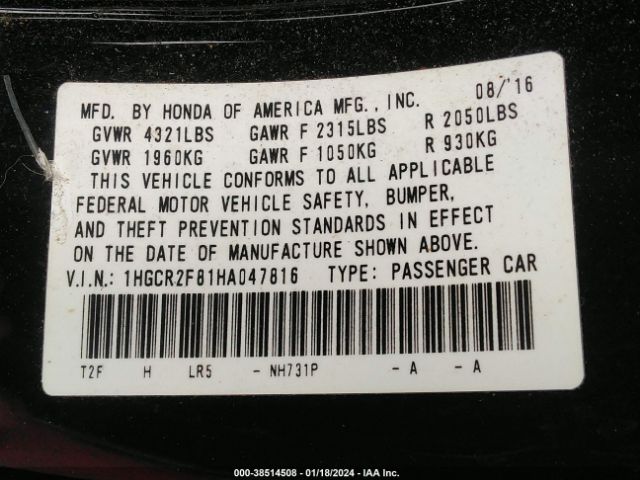 Photo 8 VIN: 1HGCR2F81HA047816 - HONDA ACCORD 