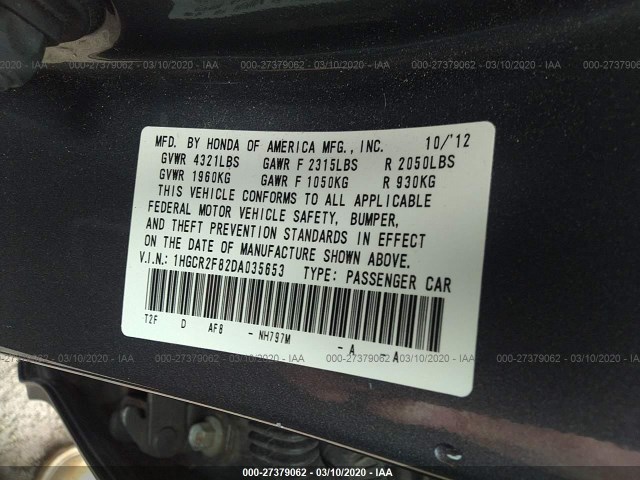 Photo 8 VIN: 1HGCR2F82DA035653 - HONDA ACCORD SDN 