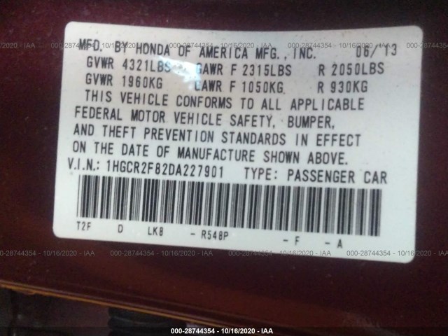 Photo 8 VIN: 1HGCR2F82DA227901 - HONDA ACCORD SDN 