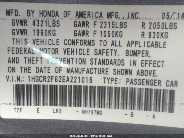 Photo 8 VIN: 1HGCR2F82EA221016 - HONDA ACCORD SEDAN 