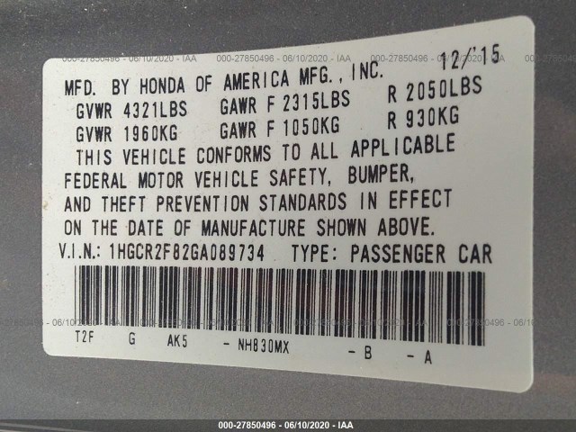 Photo 8 VIN: 1HGCR2F82GA089734 - HONDA ACCORD SEDAN 