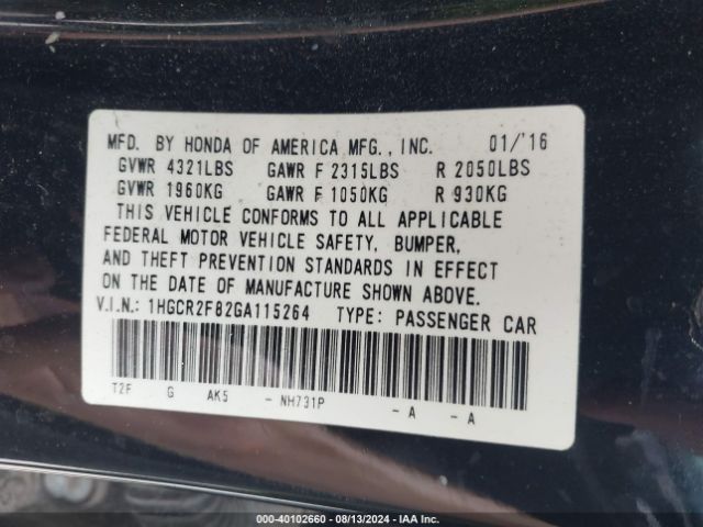 Photo 8 VIN: 1HGCR2F82GA115264 - HONDA ACCORD 