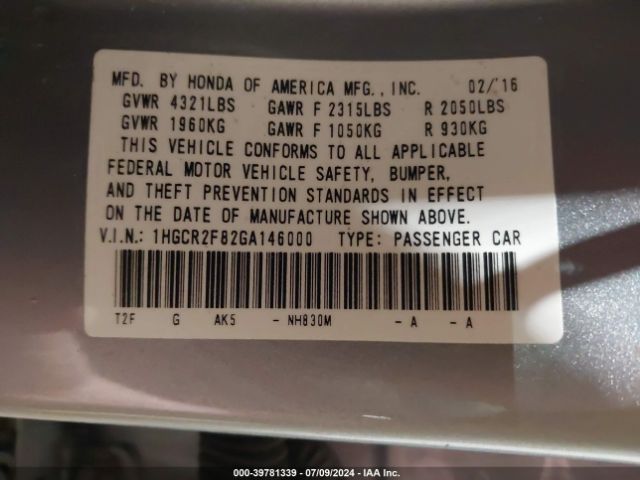 Photo 8 VIN: 1HGCR2F82GA146000 - HONDA ACCORD 