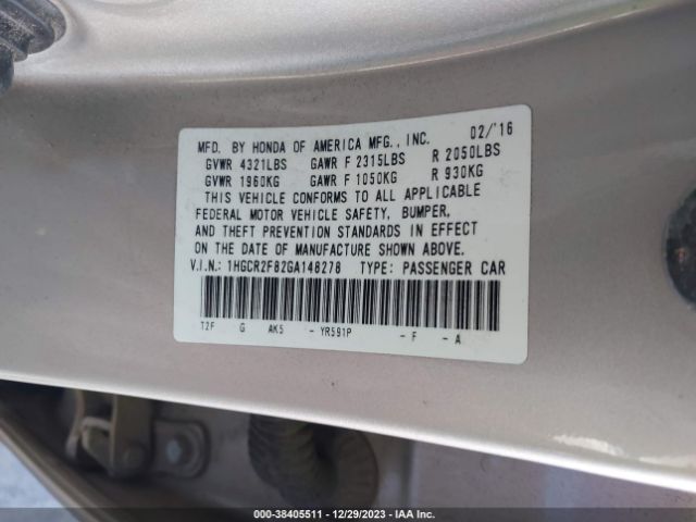 Photo 8 VIN: 1HGCR2F82GA148278 - HONDA ACCORD 