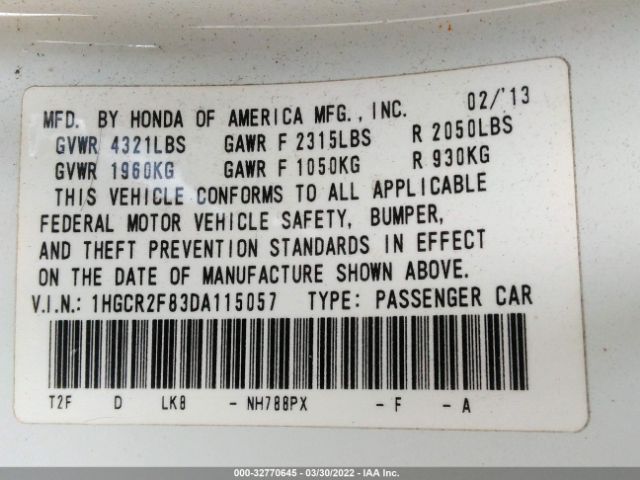 Photo 8 VIN: 1HGCR2F83DA115057 - HONDA ACCORD SDN 