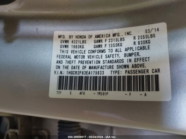 Photo 8 VIN: 1HGCR2F83EA175633 - HONDA ACCORD 