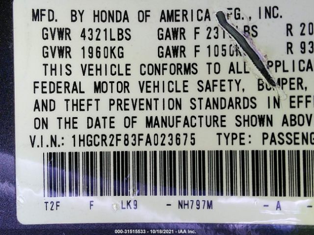 Photo 8 VIN: 1HGCR2F83FA023675 - HONDA ACCORD SEDAN 