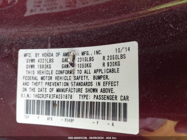 Photo 8 VIN: 1HGCR2F83FA051878 - HONDA ACCORD 