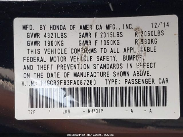 Photo 8 VIN: 1HGCR2F83FA087280 - HONDA ACCORD 