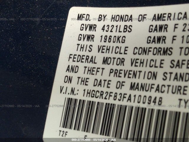 Photo 8 VIN: 1HGCR2F83FA100948 - HONDA ACCORD SEDAN 