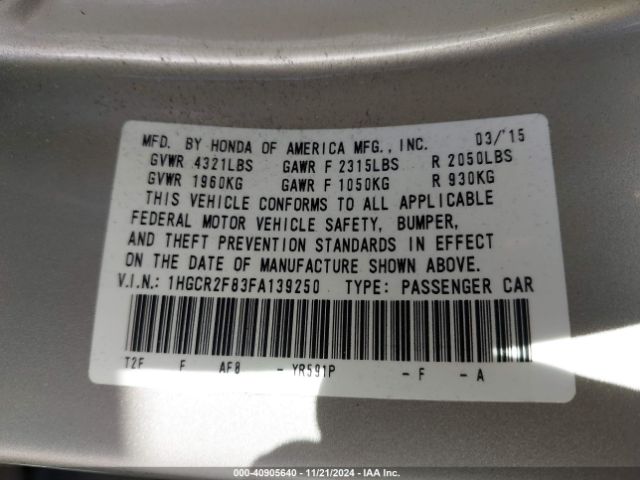 Photo 8 VIN: 1HGCR2F83FA139250 - HONDA ACCORD 