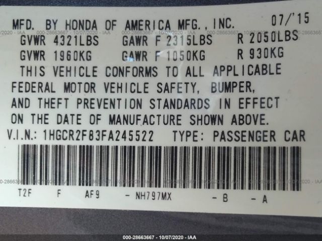 Photo 8 VIN: 1HGCR2F83FA245522 - HONDA ACCORD SEDAN 