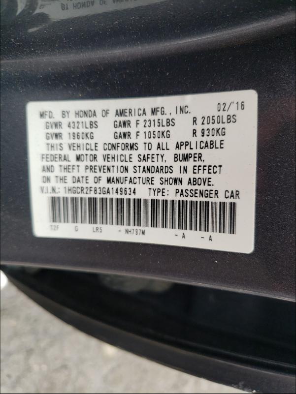 Photo 9 VIN: 1HGCR2F83GA149634 - HONDA ACCORD EXL 