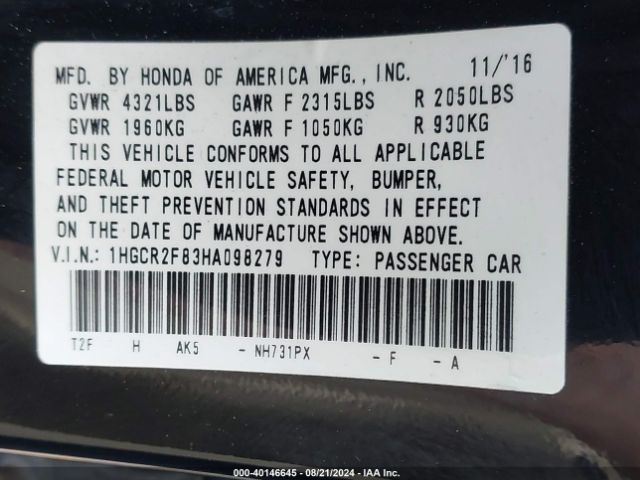 Photo 8 VIN: 1HGCR2F83HA098279 - HONDA ACCORD 