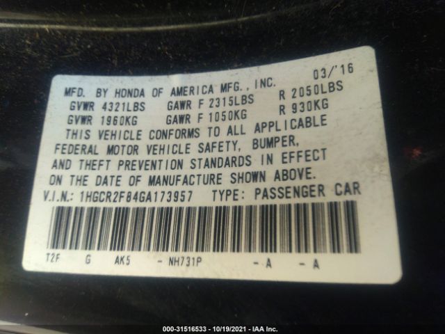 Photo 8 VIN: 1HGCR2F84GA173957 - HONDA ACCORD SEDAN 