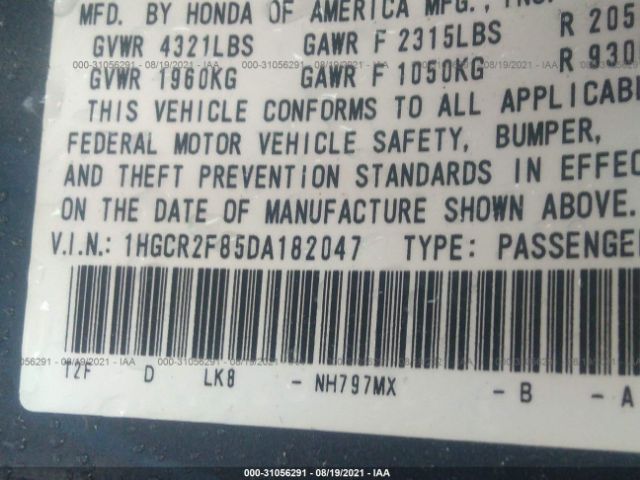 Photo 8 VIN: 1HGCR2F85DA182047 - HONDA ACCORD SDN 