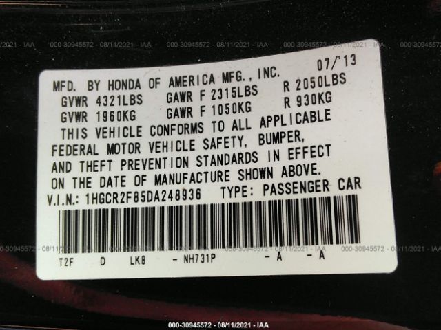 Photo 8 VIN: 1HGCR2F85DA248936 - HONDA ACCORD SDN 