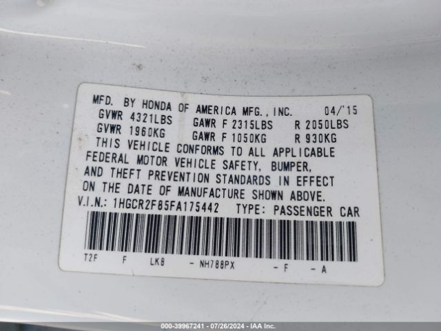 Photo 8 VIN: 1HGCR2F85FA175442 - HONDA ACCORD 