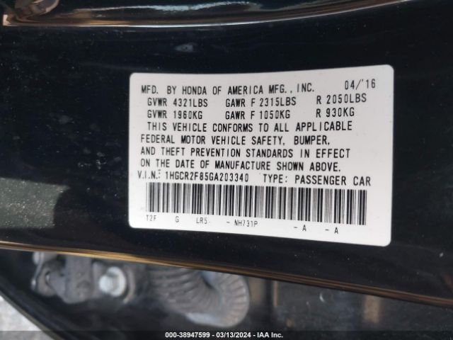 Photo 8 VIN: 1HGCR2F85GA203340 - HONDA ACCORD 