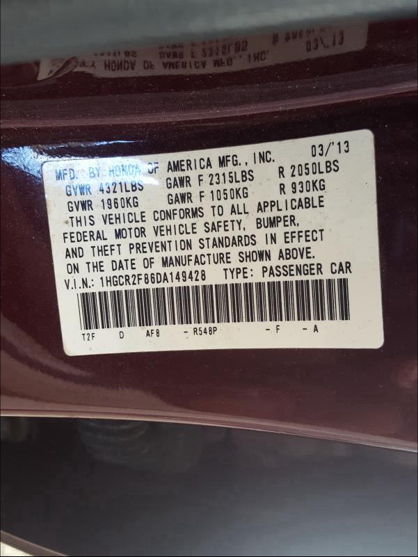 Photo 9 VIN: 1HGCR2F86DA149428 - HONDA ACCORD EXL 