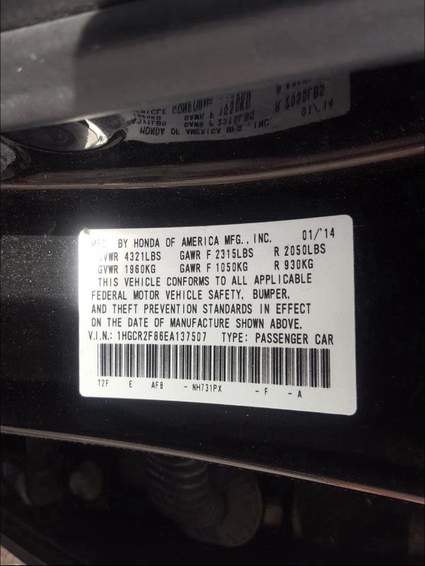 Photo 9 VIN: 1HGCR2F86EA137507 - HONDA ACCORD EXL 