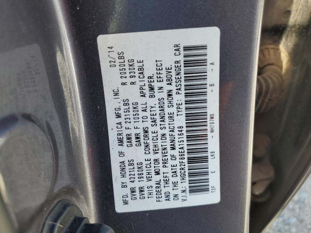 Photo 12 VIN: 1HGCR2F86EA151648 - HONDA ACCORD 