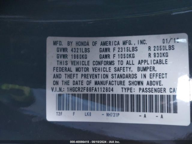 Photo 8 VIN: 1HGCR2F86FA112804 - HONDA ACCORD 