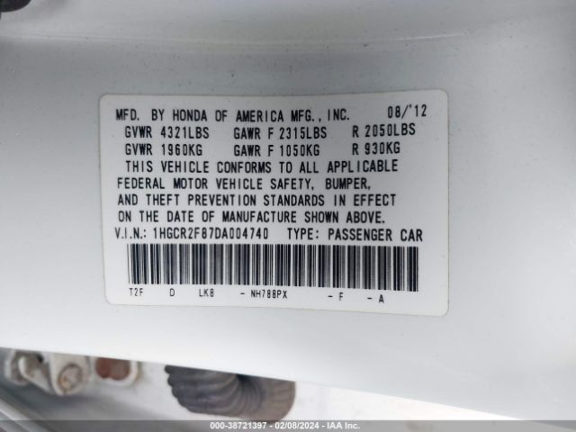 Photo 8 VIN: 1HGCR2F87DA004740 - HONDA ACCORD 