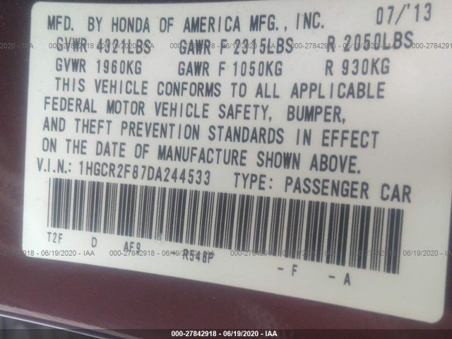 Photo 8 VIN: 1HGCR2F87DA244533 - HONDA ACCORD SDN 