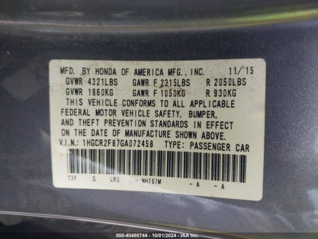 Photo 8 VIN: 1HGCR2F87GA072458 - HONDA ACCORD 