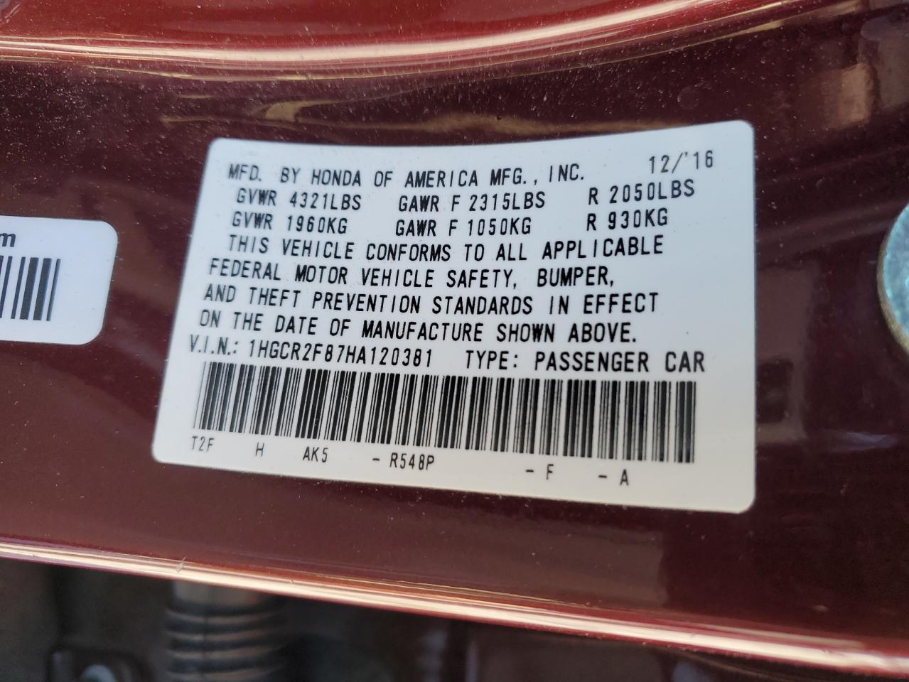 Photo 11 VIN: 1HGCR2F87HA120381 - HONDA ACCORD 