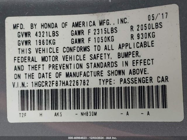 Photo 8 VIN: 1HGCR2F87HA226782 - HONDA ACCORD 