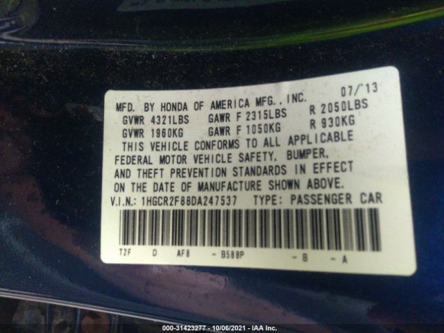 Photo 8 VIN: 1HGCR2F88DA247537 - HONDA ACCORD SDN 