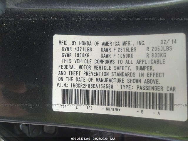 Photo 8 VIN: 1HGCR2F88EA158598 - HONDA ACCORD SDN 