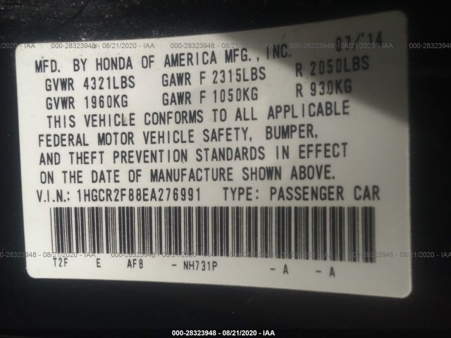 Photo 8 VIN: 1HGCR2F88EA276991 - HONDA ACCORD SEDAN 