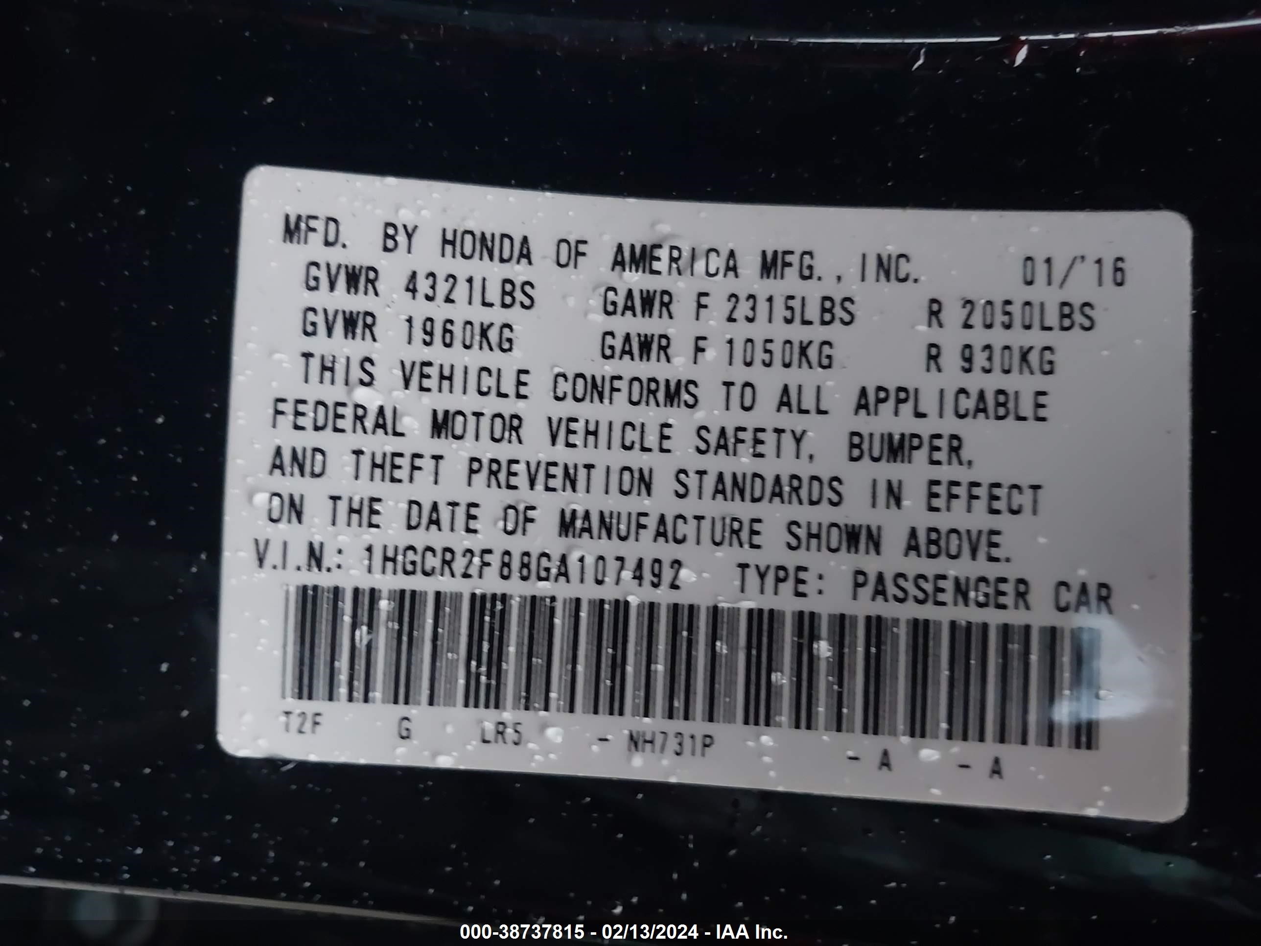 Photo 8 VIN: 1HGCR2F88GA107492 - HONDA ACCORD 