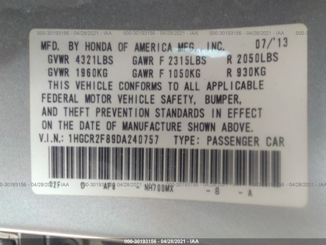 Photo 8 VIN: 1HGCR2F89DA240757 - HONDA ACCORD SDN 