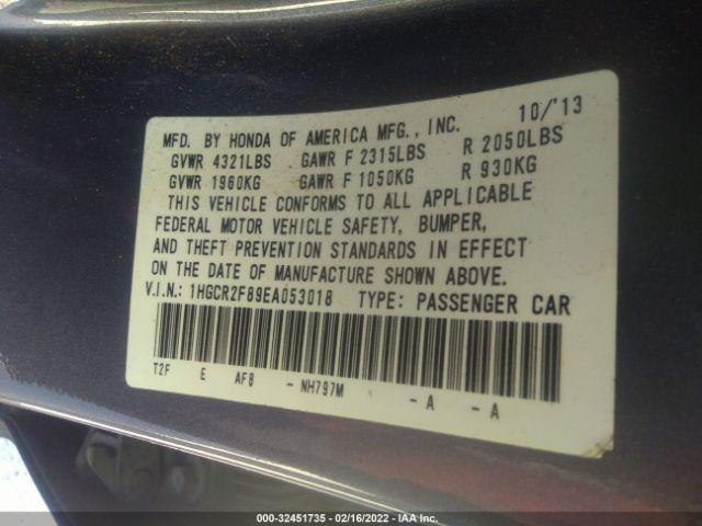 Photo 8 VIN: 1HGCR2F89EA053018 - HONDA ACCORD SEDAN 