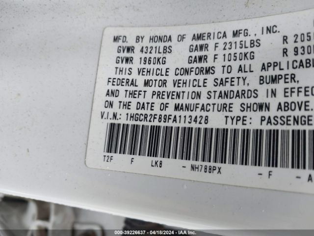 Photo 8 VIN: 1HGCR2F89FA113428 - HONDA ACCORD 