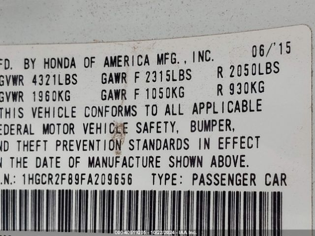 Photo 8 VIN: 1HGCR2F89FA209656 - HONDA ACCORD 