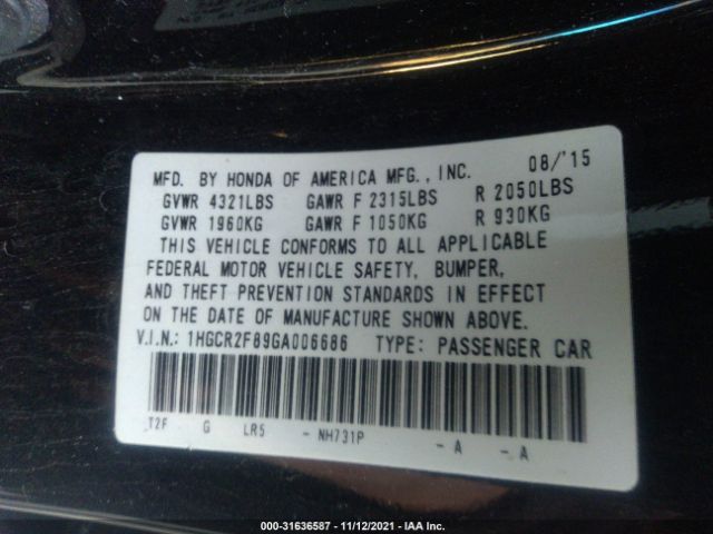 Photo 8 VIN: 1HGCR2F89GA006686 - HONDA ACCORD SEDAN 