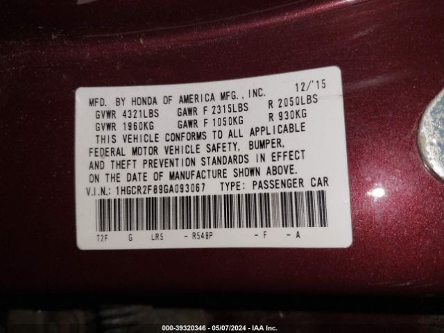 Photo 8 VIN: 1HGCR2F89GA093067 - HONDA ACCORD 