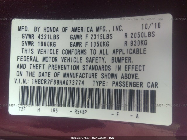 Photo 8 VIN: 1HGCR2F89HA073774 - HONDA ACCORD SEDAN 