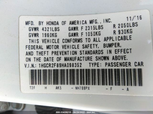 Photo 8 VIN: 1HGCR2F89HA098352 - HONDA ACCORD SEDAN 